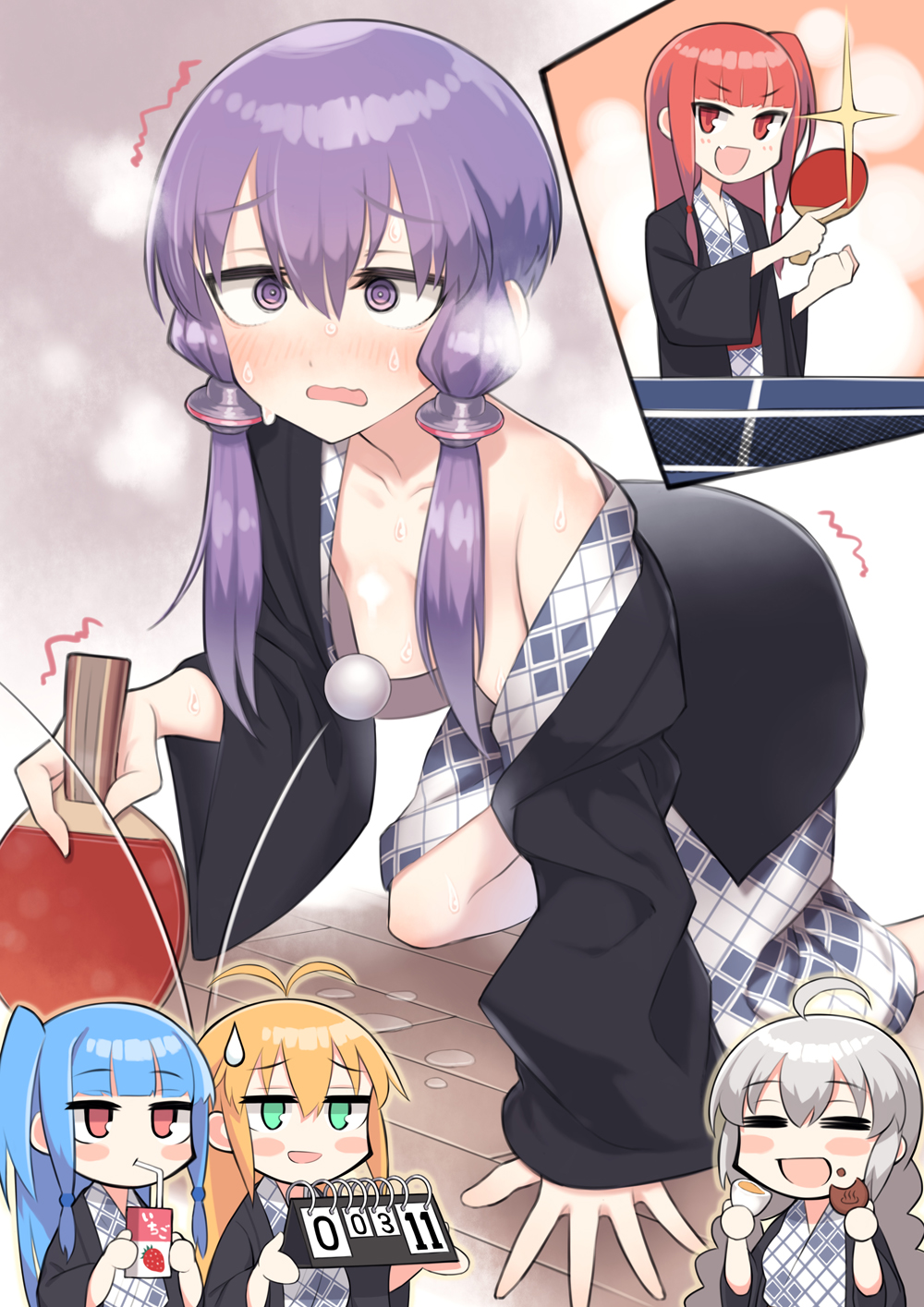 5girls =_= all_fours antenna_hair ball blonde_hair blunt_bangs blush_stickers braid breasts chibi chibi_inset comedic_sweatdrop commentary_request convenient_censoring defeat drinking frown green_eyes grey_hair haori highres holding holding_carton holding_paddle japanese_clothes kimono kizuna_akari kotonoha_akane kotonoha_aoi long_hair low-tied_sidelocks low_twin_braids medium_breasts milk_carton multiple_girls nipple_slip nipples off_shoulder on_ground one_side_up open_mouth paddle purple_eyes purple_hair red_eyes ringed_eyes ryokan samaru_(seiga) scorecard short_hair_with_long_locks sidelocks smile sparkle steaming_body strawberry_milk sweat table_tennis table_tennis_ball table_tennis_paddle trembling tsurumaki_maki twin_braids very_sweaty vocaloid voiceroid wavy_mouth white_kimono wooden_floor yukata yuzuki_yukari