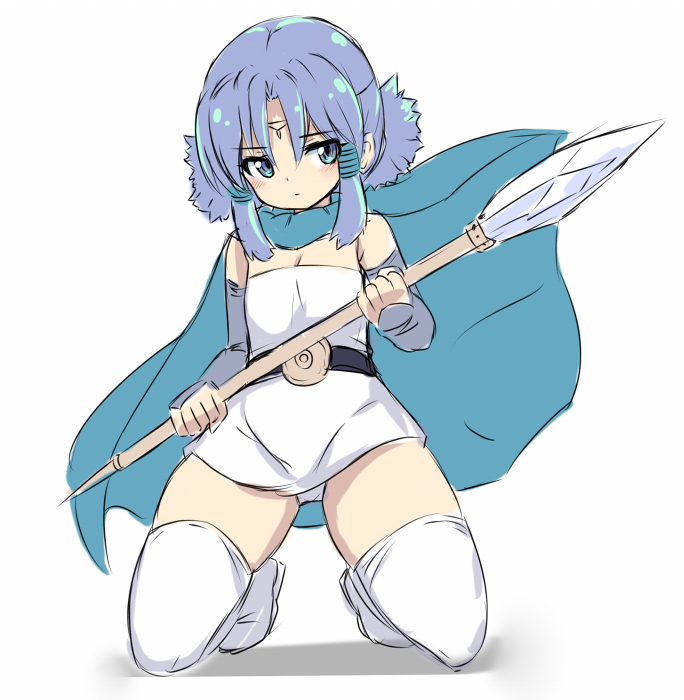 1girl bare_shoulders blue_cape blue_eyes blue_hair boots cape closed_mouth dragon_quest dragon_quest_monsters dragon_quest_monsters_plus dress elbow_gloves facial_mark fingerless_gloves forehead_mark full_body gloves grey_gloves hair_between_eyes holding holding_polearm holding_spear holding_weapon karukan_(monjya) kneeling low_twintails marumo parted_bangs polearm shadow solo spear strapless strapless_dress thigh_boots thighhighs twintails weapon white_background white_boots white_dress white_thighhighs