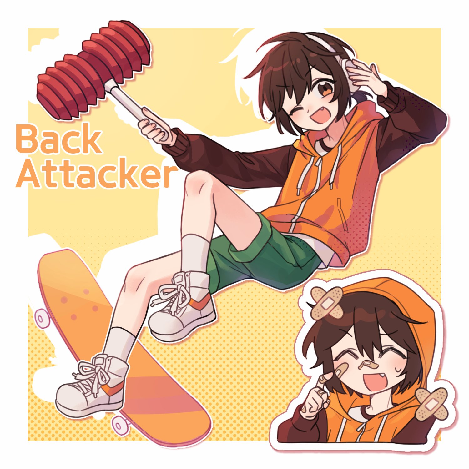 1boy bandaid bandaid_on_face blush brown_eyes brown_hair closed_eyes fang green_shorts gwak12081227 gwak_jun-hyeong headphones highres hood hood_up hoodie jacket long_sleeves looking_at_viewer multiple_views one_eye_closed open_mouth orange_hoodie orange_jacket shirt shoes short_hair shorts skateboard smile sneakers socks white_socks zombie_high_school