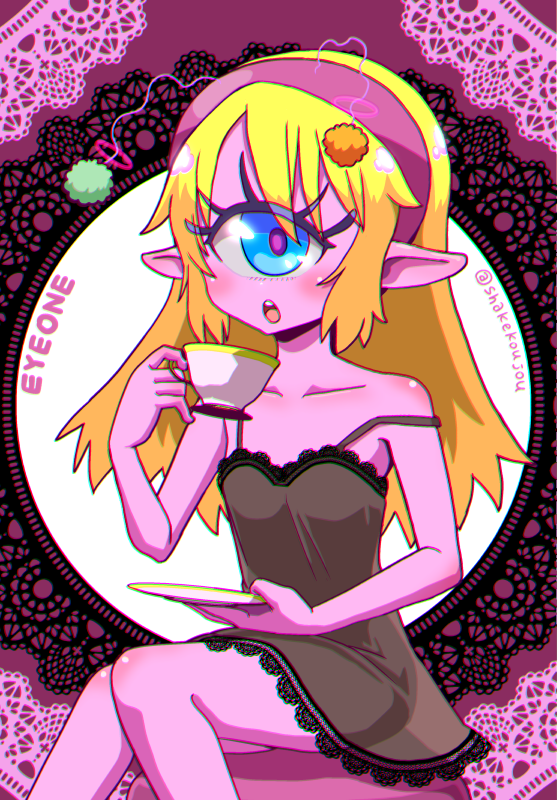 1girl :o artist_name bare_shoulders blonde_hair blue_eyes blush character_name collarbone colored_skin commentary_request cowboy_shot cup cyclops dress eyelashes eyewon_(precure) hair_down hairband holding holding_cup looking_at_viewer nightgown off_shoulder one-eyed open_mouth ottoman_(furniture) pink_skin pointy_ears precure round_teeth see-through_clothes shake-o shiny_skin sitting star_twinkle_precure strap_slip teeth upper_teeth_only