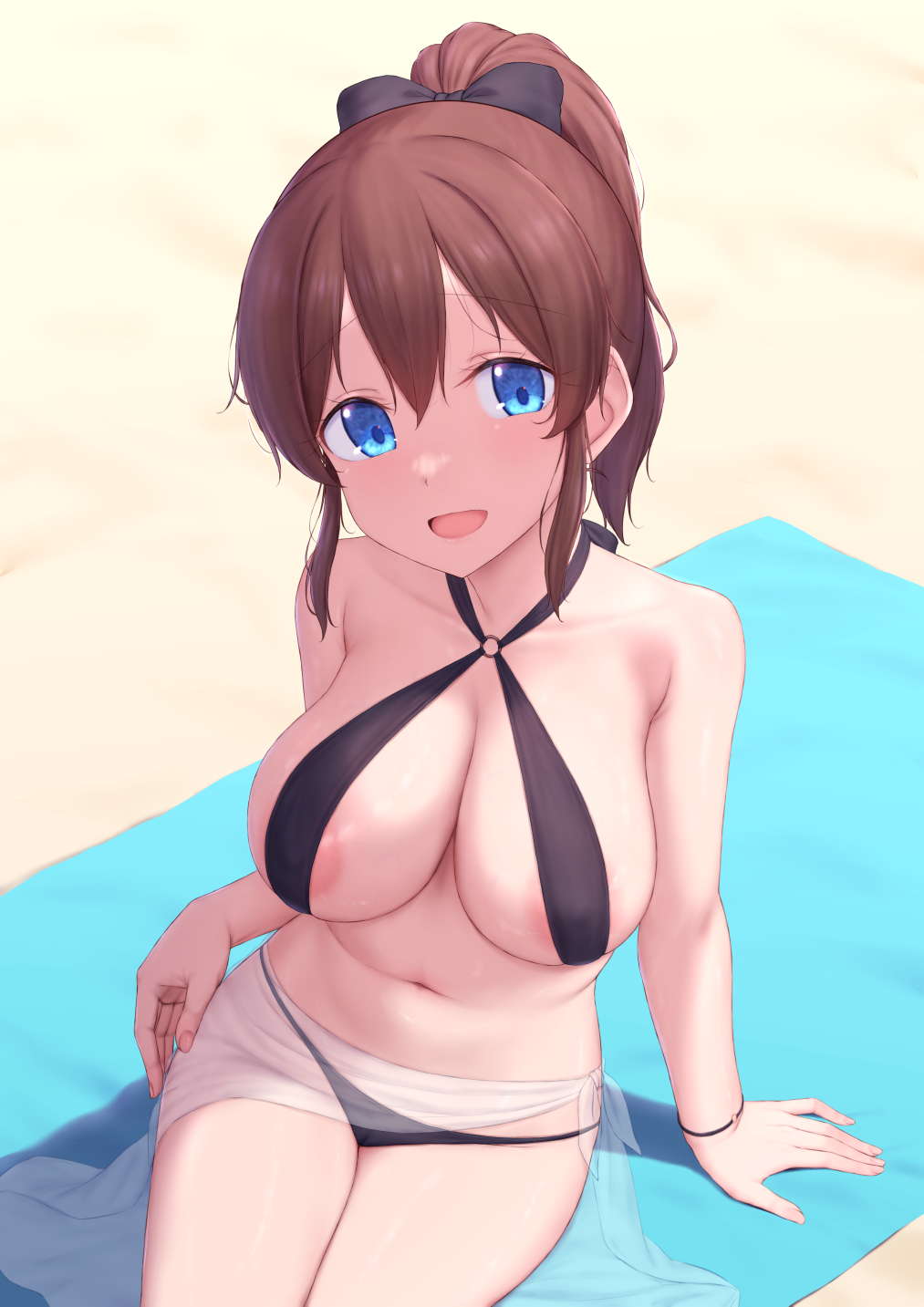 1girl :d areola_slip arm_support bare_arms beach beach_towel blue_eyes breasts brown_hair cai_geng cleavage collarbone commentary_request criss-cross_halter day hair_between_eyes halterneck highres idolmaster idolmaster_million_live! lareindraws looking_at_viewer navel open_mouth outdoors ponytail sarong satake_minako see-through_clothes see-through_sarong sidelocks sitting smile solo towel