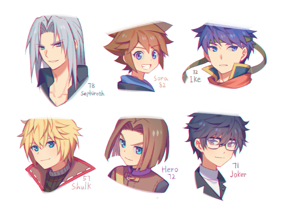 amamiya_ren black_hair blonde_hair brown_hair dragon_quest final_fantasy final_fantasy_vii final_fantasy_vii_advent_children fire_emblem fire_emblem:_path_of_radiance glasses hair_ornament headband hero_(dq11) ike_(fire_emblem) jacket kingdom_hearts multiple_boys nintendo persona persona_5 school_uniform sephiroth shulk_(xenoblade) shuuchiin_academy_school_uniform smile sora_(kingdom_hearts) square_enix super_smash_bros. white_background white_hair wusagi2 xenoblade_chronicles_(series) xenoblade_chronicles_1