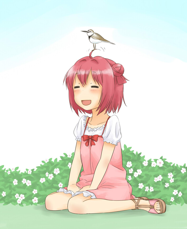 1girl :d ahoge akaza_akari animal animal_on_head bird bird_on_head casual collarbone dress female_focus flower hair_bun hair_intakes on_head open_mouth plant red_hair sandals shikou_sakugo_(qqap9gt9k) shikousakugo single_hair_bun sitting smile solo toes wariza yuruyuri