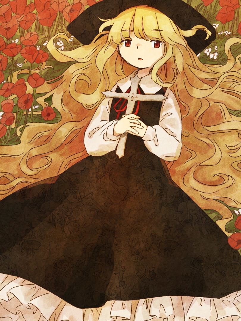 1girl black_hat blonde_hair brown_dress brown_hair commentary_request cross cross_patonce dress fedora flower hair_spread_out hat holding holding_cross jacket_girl_(dipp) long_hair long_sleeves lying neck_ribbon parted_lips pinafore_dress red_eyes red_flower red_ribbon retrochaossan ribbon rose shirt sleeveless sleeveless_dress solo touhou very_long_hair wavy_hair white_shirt