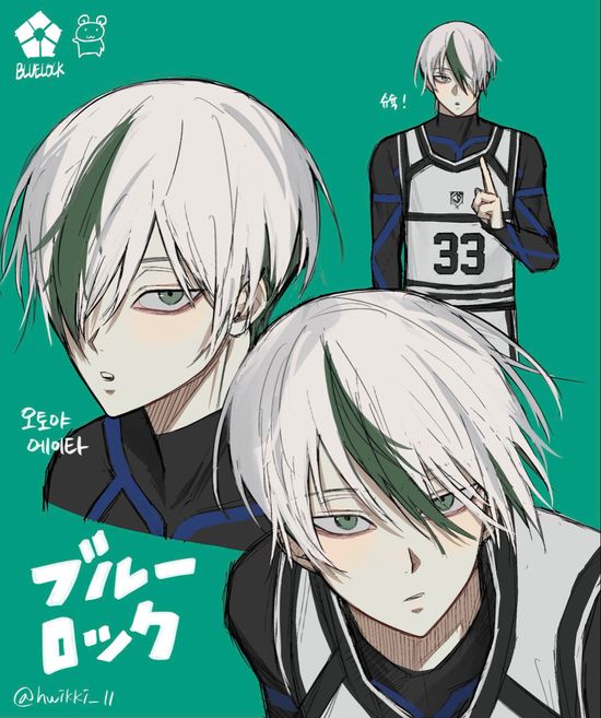 1boy black_shirt blue_lock blush character_name closed_mouth green_background green_eyes green_hair long_hair long_hair looking_at_viewer multicolored_hair otoya_eita serious shirt simple_background soccer_uniform sportswear tagme two-tone_hair white_hair white_shirt