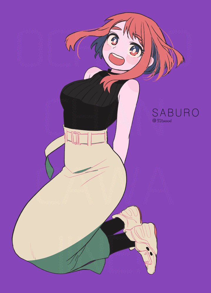 1girl artist_name bare_shoulders blush blush_stickers boku_no_hero_academia breasts brown_eyes brown_hair dress floating full_body high-waist_dress looking_at_viewer official_alternate_costume open_mouth purple_background saburou_(326xxx1) short_hair sidelocks simple_background sleeveless sleeveless_turtleneck solo teeth thick_eyebrows turtleneck upper_teeth_only uraraka_ochako