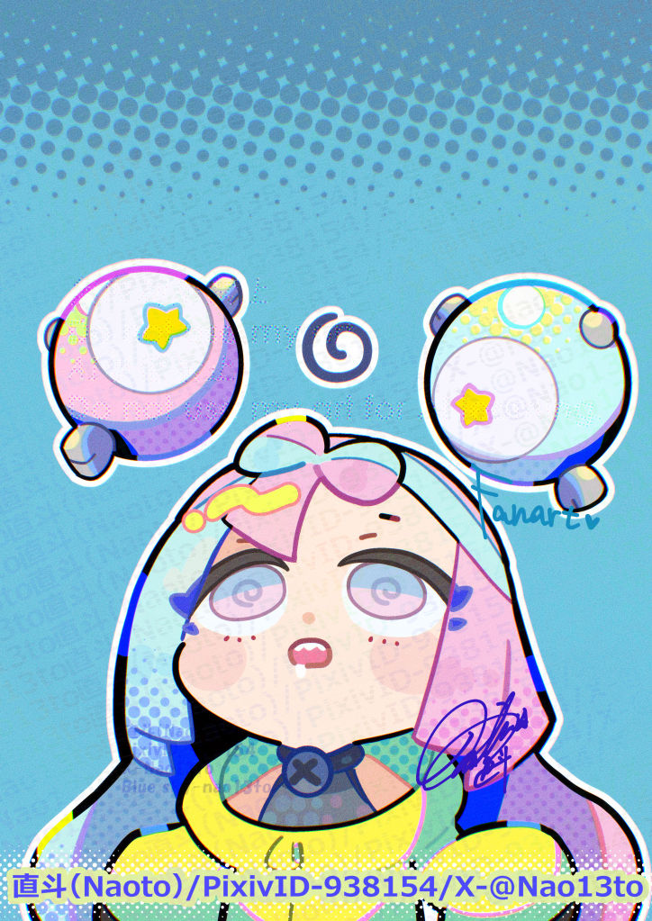 1girl @_@ artist_name bow-shaped_hair chibi commentary_request dizzy game_freak gen_1_pokemon grey_shirt head_back iono_(pokemon) jacket long_hair magnemite multicolored_hair naoto_(yandereheaven) nintendo open_mouth outline pink_hair pixiv_id pokemon pokemon_sv saliva sharp_teeth shirt signature sleeveless sleeveless_shirt solo teeth twitter_username two-tone_hair upper_body upper_teeth_only yellow_jacket