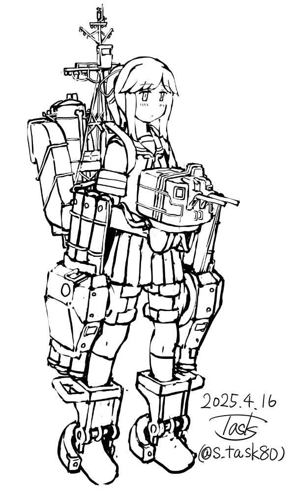 1girl adapted_turret artist_logo artist_name dated full_body kantai_collection lineart logo machinery mast one-hour_drawing_challenge pleated_skirt sailor_collar sailor_shirt school_uniform serafuku shirt skirt solo task_(s_task80) torpedo_launcher usugumo_(kancolle) ventilation_shaft