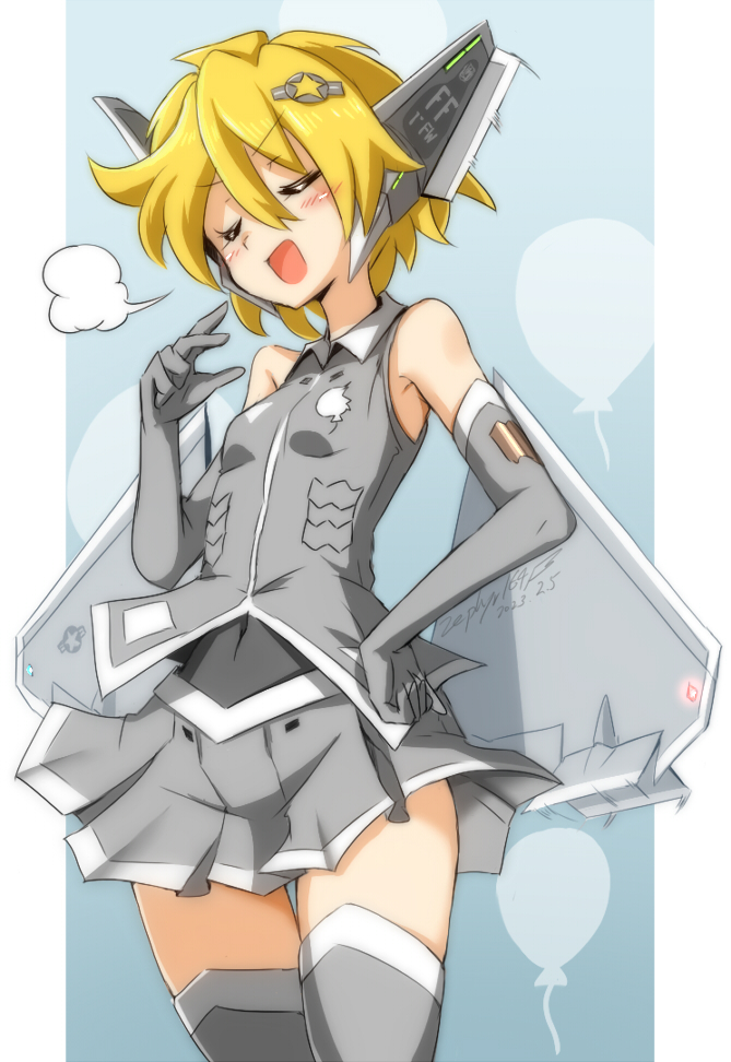 1girl balloon blonde_hair breasts closed_eyes collared_shirt commentary_request covered_navel elbow_gloves f-22_raptor gloves grey_shirt grey_skirt hair_ornament original personification pillarboxed shirt short_hair skirt sleeveless sleeveless_shirt small_breasts smile smug solo united_states_air_force v-shaped_eyebrows wing_hair_ornament zephyr164