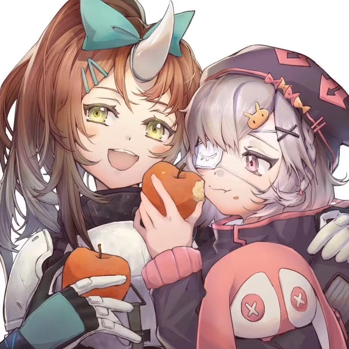 2girls animal_ears apple arknights armor black_jacket brown_hair bubble_(arknights) eyepatch food fruit hat holding holding_food holding_fruit hood horns jacket kan_(kan202304) long_sleeves looking_at_viewer multiple_girls ponytail popukar_(arknights) red_eyes rhinoceros_ears rhinoceros_girl short_hair single_horn smile