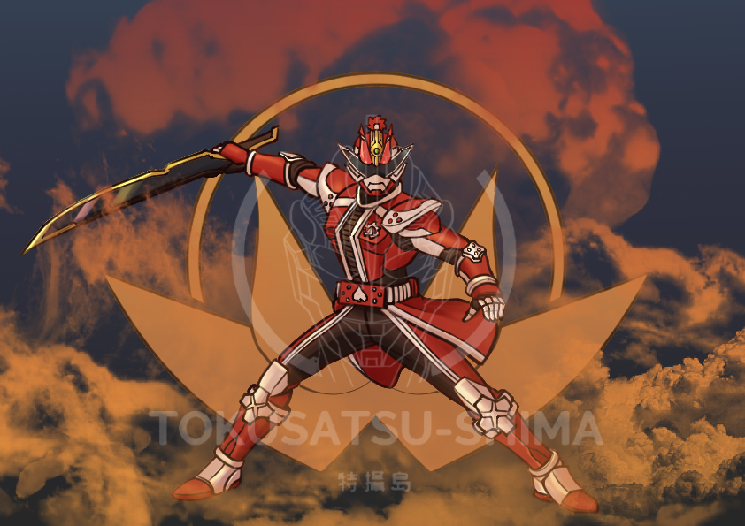 1boy armor artist_name avataro_sentai_donbrothers company_connection donmomotarou fusion kamen_rider kamen_rider_den-o kamen_rider_den-o_(series) male_focus momotaros mountain mountainous_horizon red_armor sunglasses super_sentai sword sword_form symbol tokusatsu tokusatsushima trait_connection vest waistcoat watermark weapon