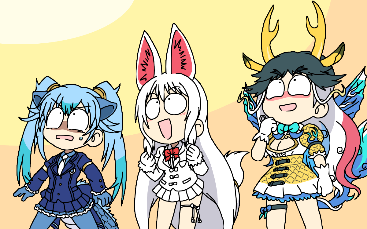 3girls animal_ears black_hair blue_eyes blue_garter_belt blue_hair blue_pantyhose blue_suit blush bow bowtie breasts cleavage cleavage_cutout clothing_cutout dragon_ears dragon_girl dragon_tail dress ear_tufts eastern_dragon_tail extra_ears formal_clothes fox_ears fox_girl fox_tail fur_trim giraffe_ears giraffe_girl giraffe_horns giraffe_tail gloves hair_between_eyes horns jacket japari_symbol kemono_friends kemono_friends_3 kirin_(kemono_friends) large_breasts long_hair long_sleeves multicolored_hair multiple_girls necktie oinari-sama_(kemono_friends) open_mouth pantyhose red_hair scale_print seiryuu_(kemono_friends) shirt skirt smile srd_(srdsrd01) suit tail twintails very_long_hair white_hair white_necktie wings yellow_eyes yellow_horns yellow_trim