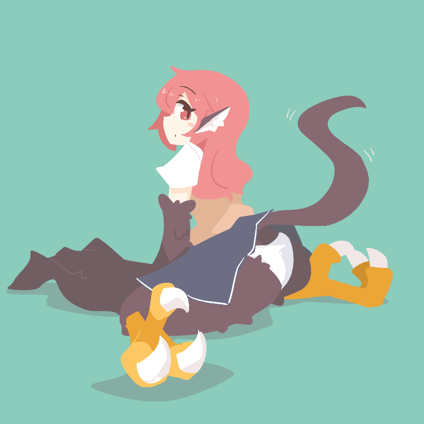 1girl animal_ears ass big_o_pants bird_ears bird_legs bird_tail black_feathers black_wings blush_stickers commentary feathers fio-chan_(big_o_pants) green_background harpy long_hair looking_at_viewer looking_back monster_girl original panties red_eyes red_hair simple_background sitting solo tail talons underwear upskirt wariza white_panties winged_arms wings