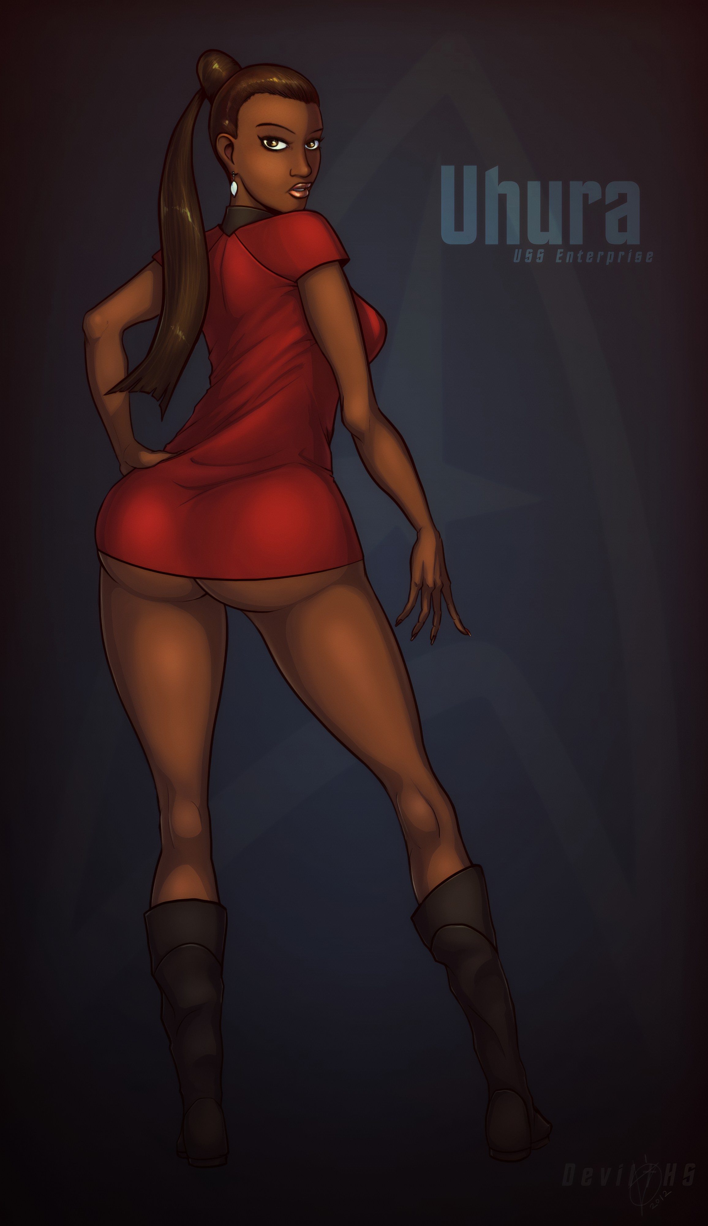 1girl 2019 absurdres ass bare_legs black_boots black_hair boots bottomless brown_eyes brown_hair dark-skinned_female dark_skin devil_hs devilhs dress earrings english_text eyelashes female female_focus highres huge_ass jewelry lipstick looking_at_viewer looking_back makeup nyota_uhura ponytail red_shirt shirt short_dress solo solo_focus standing star_trek star_trek:_kelvin_timeline star_trek_(2009) star_trek_beyond star_trek_into_darkness starfleet_insignia starfleet_uniform