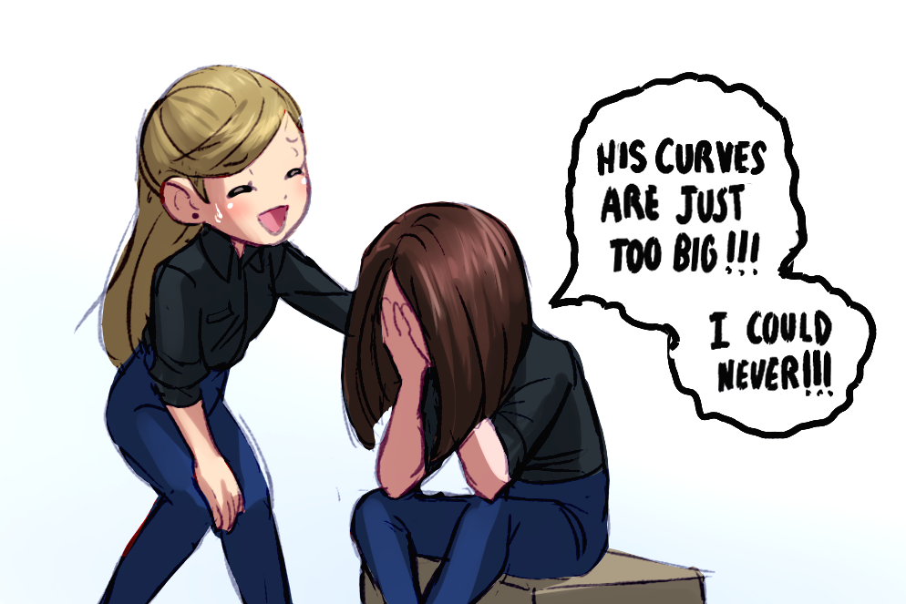 2girls black_shirt blonde_hair blue_pants brown_hair carless_(ppanic) closed_eyes english_text hands_on_own_face long_hair looking_at_another multiple_girls muscle_envy open_mouth pants samsung samsung_sam shirt short_hair simple_background sitting smile white_background