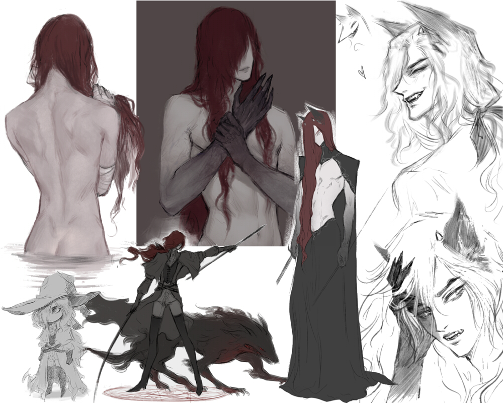 1boy abs action animal_ears ass back bandaged_arm bandages black_cape black_hands black_skirt boots cape chibi closed_eyes colored_extremities dual_wielding fang fangs fingernails fox fox_boy fox_ears from_behind full_body hair_over_one_eye hair_over_shoulder hat heart holding holding_own_hair holding_staff holding_sword holding_weapon long_hair looking_at_viewer looking_back male_focus monster multiple_views nat_the_lich navel original ponytail red_hair renard_beauchene_(nat_the_lich) ribbon sharp_fingernails sharp_teeth sideways_glance sketch skinny skirt smile smug smug solo_focus squeezing_hair staff standing sword teeth thigh_boots toned toned_male topless_male upper_body vest waistcoat water weapon witch_hat wolf