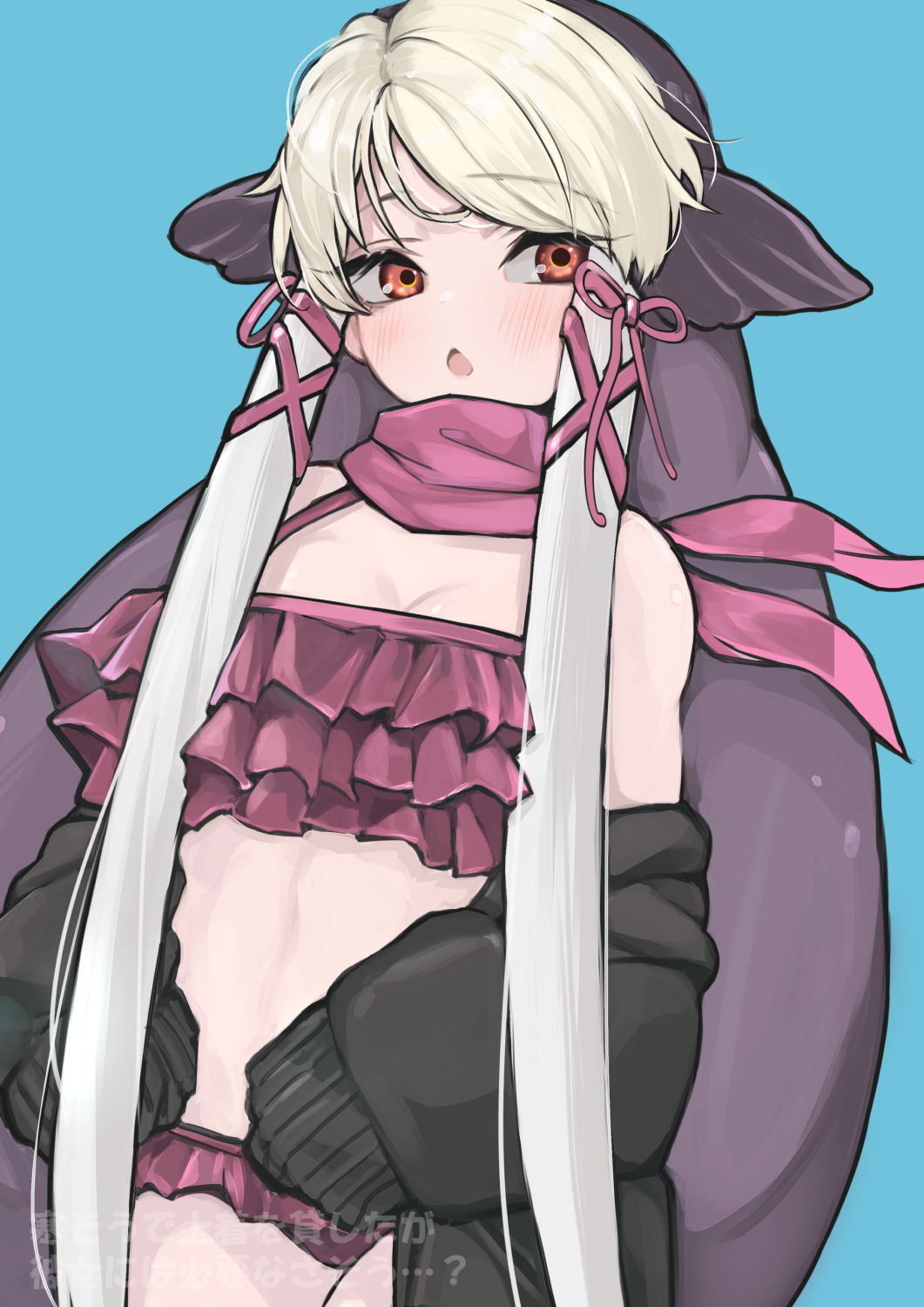 1girl a888_n22 bikini black_hair black_jacket blue_background blush breasts brown_eyes cleavage highres jacket kemono_friends long_hair long_sleeves looking_at_viewer medium_breasts open_mouth pink_bikini simple_background solo swimsuit walrus_(kemono_friends) white_hair