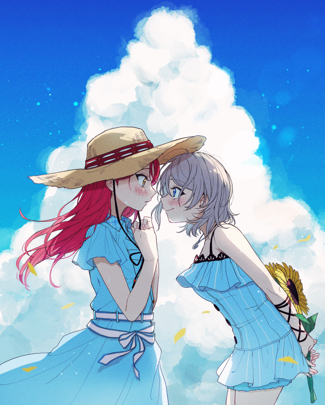 2girls arms_behind_back azuma_(no488888) bare_shoulders blue_dress blue_eyes blue_sky breasts brown_hat closed_mouth cloud collared_dress commentary_request cowboy_shot cumulonimbus_cloud day dress eye_contact floating_hair flower grey_hair hat holding holding_behind_back holding_flower jewelry long_hair looking_at_another love_live! love_live!_sunshine!! medium_breasts multiple_girls necklace outdoors parted_lips profile red_hair sakurauchi_riko short_hair short_sleeves sideways_mouth sky sleeveless sleeveless_dress smile straw_hat summer sun_hat sunflower watanabe_you yellow_eyes yellow_flower yuri