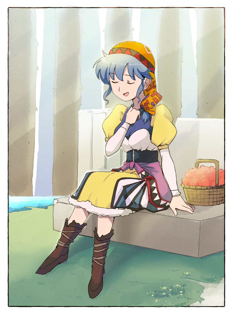 1girl bandana basket blue_hair breasts dress full_body hat highres long_hair luna_noah lunar lunar:_the_silver_star music open_mouth ponytail singing sitting smile solo tree tsubobot water