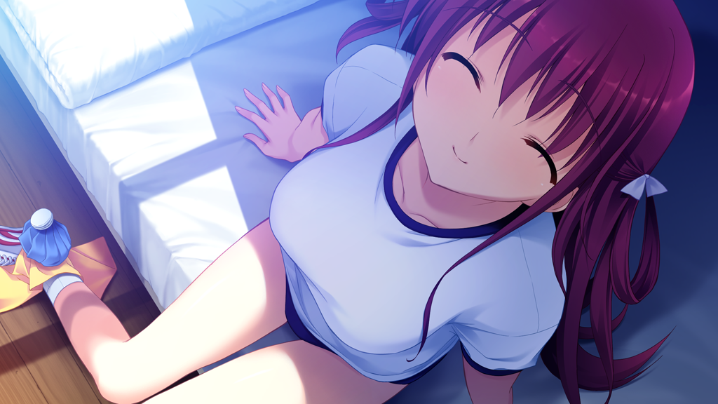 1girl bed blue_buruma bow breasts buruma closed_eyes closed_mouth collarbone dutch_angle facing_viewer fumio_(ura_fmo) game_cg grisaia_(series) grisaia_no_kajitsu gym_shirt gym_uniform hair_bow hand_on_bed ice_pack indoors large_breasts long_hair non-web_source red_hair shirt shoes short_sleeves smile sneakers socks solo suou_amane variant_set white_bow white_shirt white_shoes white_socks wooden_floor