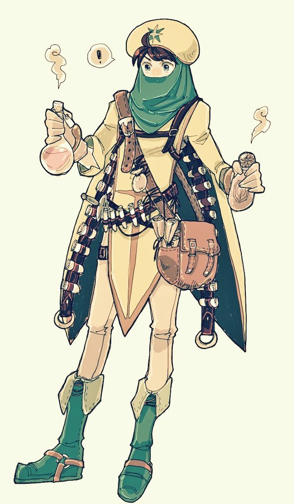 ! 1boy bag bartz_klauser belt blue_eyes boots bottle brown_hair chemist_(final_fantasy) covered_mouth final_fantasy final_fantasy_v flask formal_clothes gloves hat male_focus paper pouch saitou_piyoko simple_background smoke solo standing suit volumetric_flask yellow_gloves