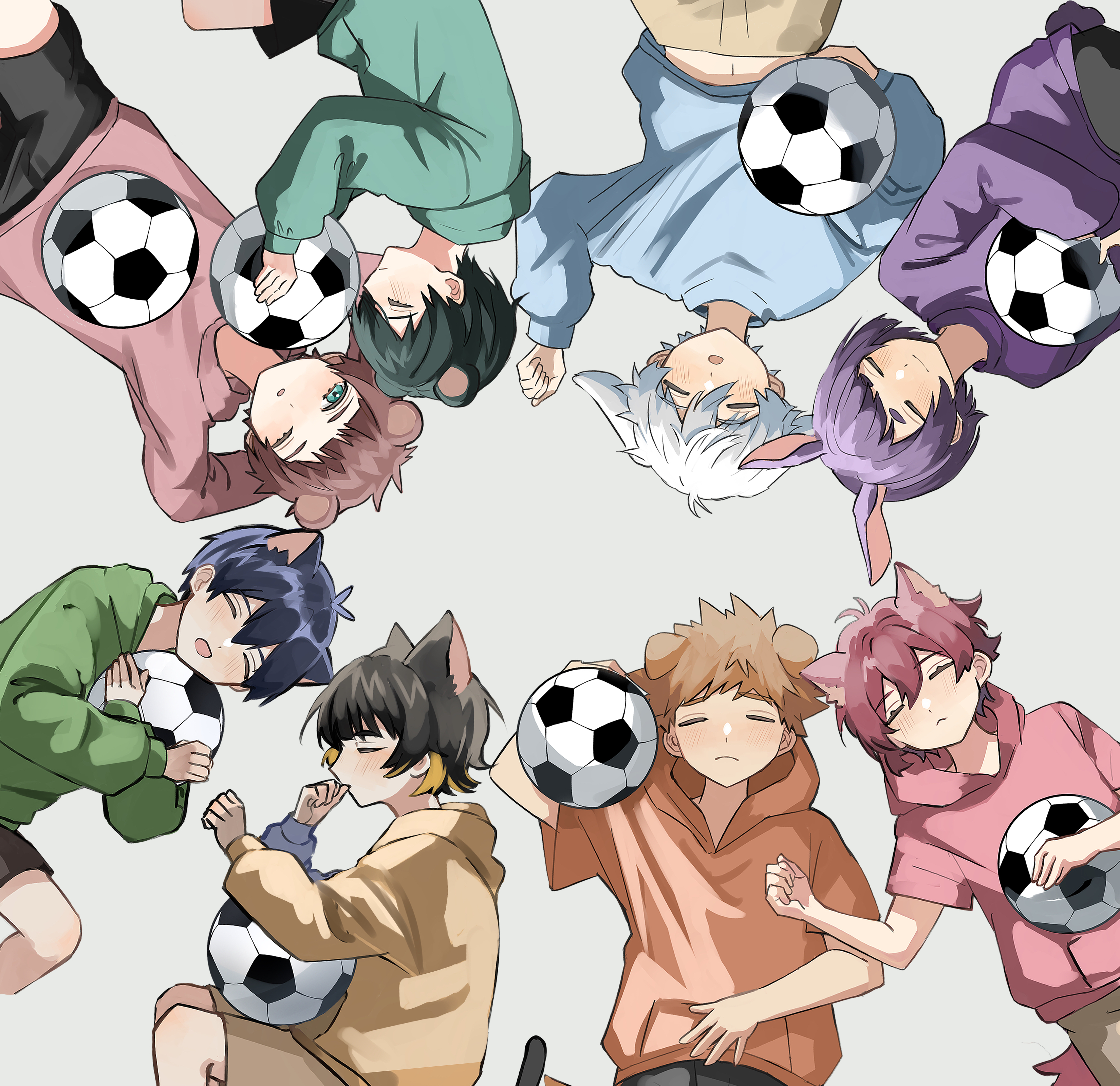 6+boys absurdres animal_ears antenna_hair aqua_sweater bachira_meguru ball bear_ears black_hair blue_lock blue_sweater brown_hair brown_shorts cat_ears cat_tail chigiri_hyoma closed_eyes closed_mouth commentary_request green_hoodie grey_background highres hood hoodie isagi_yoichi itoshi_rin itoshi_sae karuta_(user_ppjw2438) kunigami_rensuke long_sleeves lying male_focus mikage_reo multicolored_hair multiple_boys nagi_seishirou on_floor one_eye_closed orange_hoodie pink_hair pink_hoodie purple_hair purple_sweater rabbit_ears short_hair shorts simple_background sleeping soccer_ball sweater tail two-tone_hair white_hair