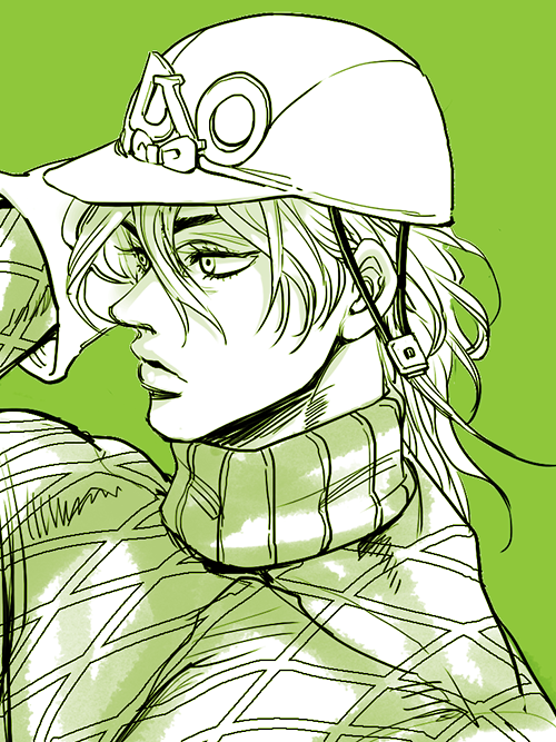 1boy argyle_clothes argyle_sweater diego_brando gloves green_background green_theme hand_on_own_head hat jojo_no_kimyou_na_bouken male_focus merumeru626 monochrome profile solo steel_ball_run sweater turtleneck