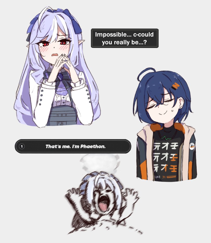 2girls ai-generated_art_(topic) ash_baby_(meme) belle_(zenless_zone_zero) blue_hair blush chirun0 crossed_bangs english_text grey_background hair_between_eyes hair_ornament jacket letter_hair_ornament long_hair long_sleeves looking_at_viewer multicolored_hair multiple_girls open_clothes open_jacket open_mouth pointy_ears purple_hair red_eyes short_hair simple_background streaked_hair sweat vivian_banshee white_hair zenless_zone_zero