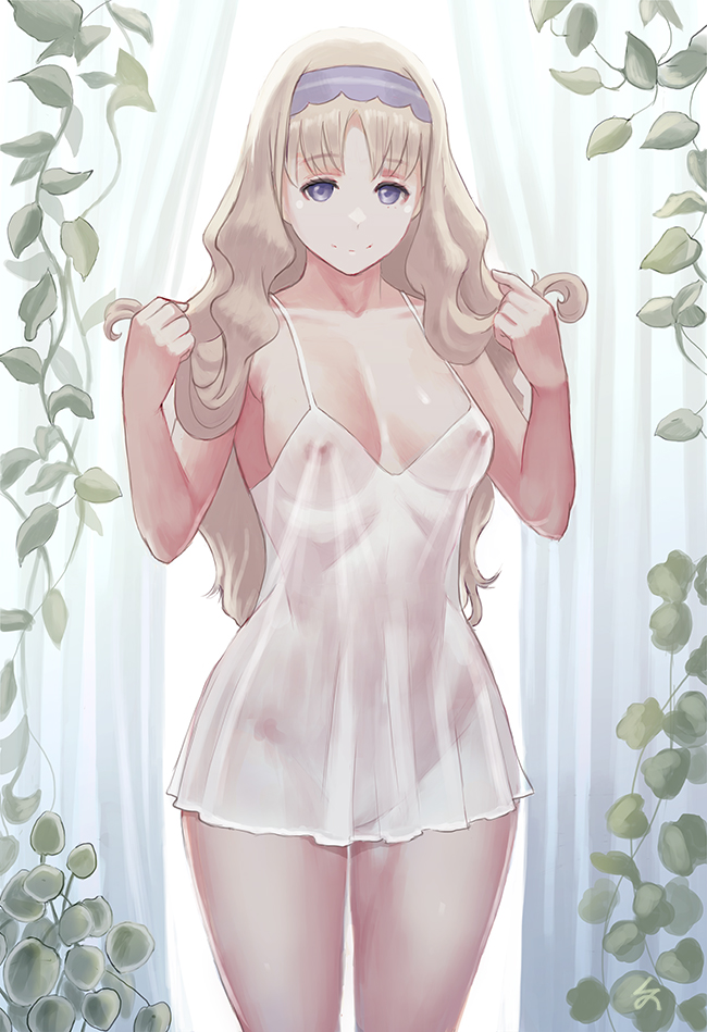 1girl bad_id bad_pixiv_id blonde_hair blue_hairband blush breasts cleavage collarbone darling_in_the_franxx hairband holding holding_own_hair kokoro_(darling_in_the_franxx) lingerie long_hair medium_breasts negligee nipples no_bra no_panties plunging_neckline see-through_clothes solo spaghetti_strap standing thighs underwear zefrableu