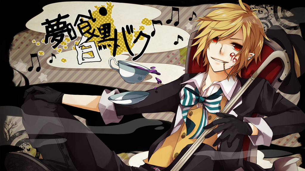 1girl 96neko blonde_hair cane cup female_focus hat indie_utaite kagamine_len kagamine_len_(tricker) mukkun musical_note niconico red_eyes reverse_trap solo teacup utaite vocaloid yumekui_shirokuro_baku_(vocaloid)