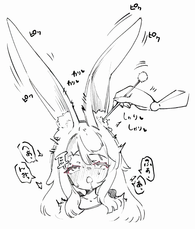 animal_ear_fluff animal_ears blush ear_cleaning eargasm full-face_blush greyscale heart long_eyelashes long_hair mimikaki monochrome okuva original rabbit_ears rabbit_girl saliva trembling uncommon_stimulation very_long_ears