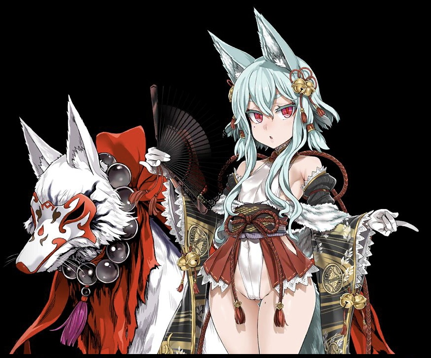 1girl :o animal animal_ear_fluff animal_ears armpit_crease asanagi beads bell breasts chinese_knot covered_navel detached_sleeves folding_fan fox fox_ears fox_girl fox_mask fox_tail gluteal_fold grey_hair hair_bell hair_ornament hand_fan highleg highleg_leotard holding holding_fan japanese_clothes jingle_bell jitome leotard mask mole mole_on_thigh mole_under_eye official_art prayer_beads red_scarf revealing_clothes scarf seere_(the_seven_deadly_sins) shiny_skin short_hair_with_long_locks sidelocks skin_tight small_breasts tail tassel the_seven_deadly_sins white_leotard