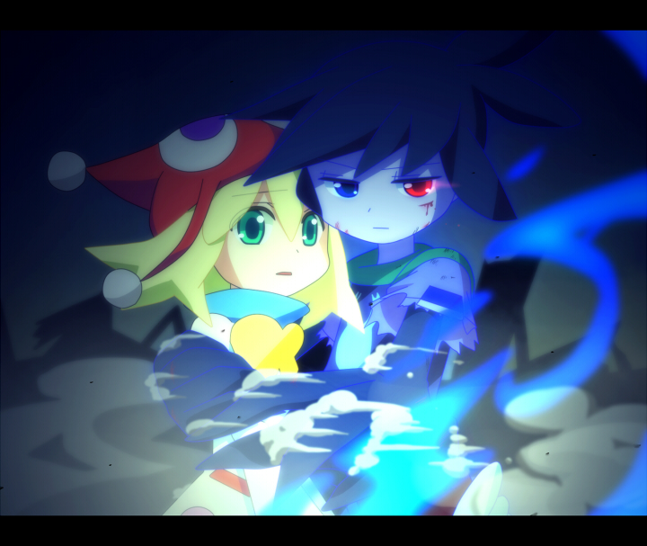 1boy 1girl :| amitie_(puyopuyo) anime_coloring black_background black_hair black_sig bleeding blonde_hair blood blue_eyes closed_mouth cowboy_shot dark glowing glowing_clothes glowing_eye gradient_background green_eyes hand_on_another&#039;s_shoulder hat heterochromia high_collar injury komeichou-69 letterboxed looking_ahead parted_lips pom_pom_(clothes) pom_pom_hat_ornament puyopuyo puyopuyo_20th_anniversary red_amitie red_eyes red_hat serious sig_(puyopuyo) smoke standing torn_clothes wind worried