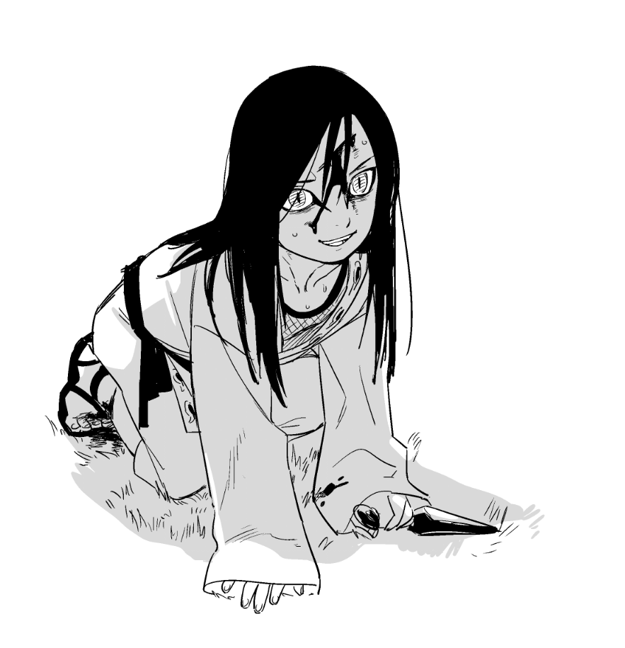 aged_down all_fours black_hair blood blood_on_clothes blood_on_face eyeliner fishnets holding holding_weapon japanese_clothes kimono kunai kutuyatti long_hair makeup male_focus monochrome naruto_(series) orochimaru_(naruto) sleeves_past_fingers sleeves_past_wrists slit_pupils smile solo weapon
