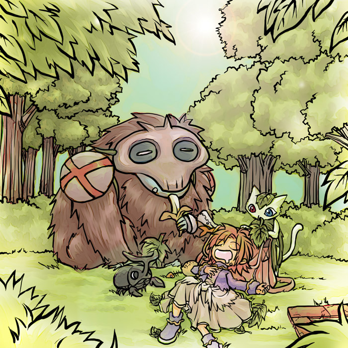 1girl ape backpack bag banana beetle beetle_king blue_eyes boots brown_hair bug cat closed_eyes commentary_request day dress food forest fruit full_body grey_dress heterochromia insect jacket leaf leaf_cat leaf_on_head lens_flare merchant_(ragnarok_online) minorigo_flow nature open_mouth outdoors purple_footwear purple_jacket ragnarok_online red_eyes short_hair sleeping smile tree white_cat wootan_(ragnarok_online)