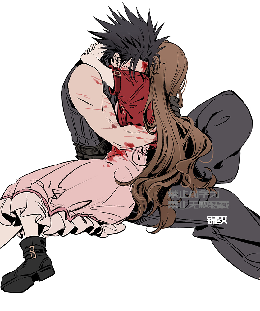 1boy 1girl aerith_gainsborough arms_around_neck baggy_pants bare_shoulders black_hair black_pants black_sweater blood blood_on_arm blood_on_clothes blood_on_face blood_stain bloody_clothes bloody_dress boots brown_hair dress final_fantasy final_fantasy_vii final_fantasy_vii_rebirth final_fantasy_vii_remake foot_out_of_frame hug huosheanng jacket knee_up long_hair pants pink_dress red_jacket ribbed_sweater short_hair short_sleeves sitting sleeveless sleeveless_turtleneck spiked_hair sweater turtleneck turtleneck_sweater white_background zack_fair