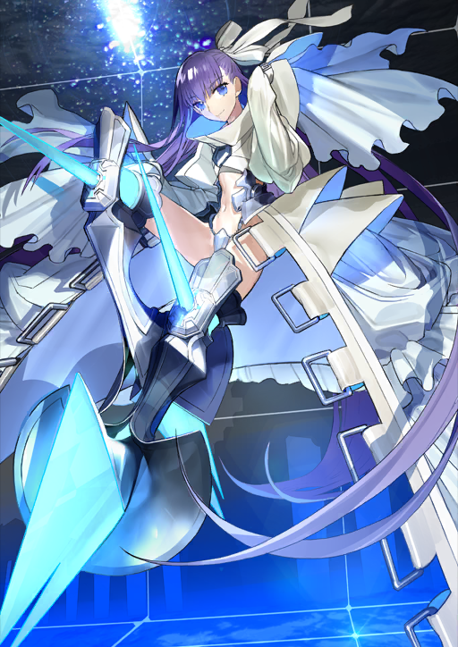 1girl absurdly_long_hair armored_boots blue_eyes blue_thighhighs boots breasts chain closed_mouth cropped_jacket crotch_plate dynamic_pose fate/grand_order fate_(series) floating_hair frilled_jacket frilled_skirt frills full_body glowing grey_boots grid hair_between_eyes hair_ribbon hand_up high_collar jacket juliet_sleeves knee_spikes knee_up long_hair long_skirt long_sleeves looking_at_viewer meltryllis_(fate) meltryllis_(third_ascension)_(fate) multicolored_jacket navel official_art platform_boots puffy_sleeves purple_hair ribbon showgirl_skirt skirt sleeves_past_fingers sleeves_past_wrists smile solo spikes thighhighs third-party_source two-sided_fabric two-sided_jacket two-sided_skirt variant_set very_long_hair wada_arco white_jacket white_ribbon white_skirt
