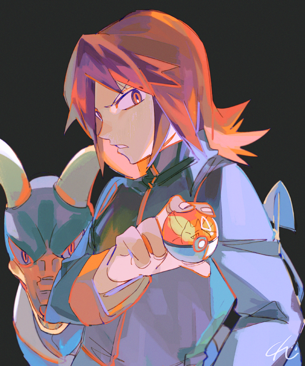 1boy black_background black_jacket commentary_request crobat gen_2_pokemon grin holding holding_poke_ball horns houndoom jacket korean_commentary long_sleeves looking_to_the_side male_focus nintendo parted_bangs parted_lips poke_ball poke_ball_(basic) pokemon pokemon_(creature) pokemon_hgss red_eyes red_hair senzzang sideways_glance silver_(pokemon) simple_background sleeve_cuffs smile solo teeth upper_body