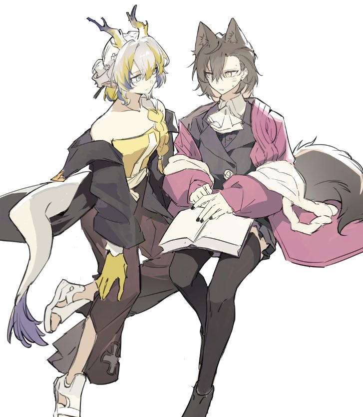 2girls akechi_(826988799) animal_ear_fluff animal_ears apron arknights bare_shoulders black_boots black_coat black_nails black_skirt black_thighhighs blonde_hair blue_hair blue_horns book book_on_lap boots braid brown_pants coat dragon_girl eastern_dragon_horns eastern_dragon_tail grey_hair horns long_hair long_sleeves looking_at_another multicolored_hair multicolored_horns multiple_girls nail_polish off-shoulder_shirt off_shoulder open_book pants penance_(arknights) pink_coat pointy_ears sandals shirt shu_(arknights) shu_(spring_feast)_(arknights) side_braid skirt sleeveless sleeveless_shirt streaked_hair tail thighhighs white_apron white_hair white_horns white_sandals white_shirt wolf_ears wolf_girl wolf_tail yellow_hands yellow_horns