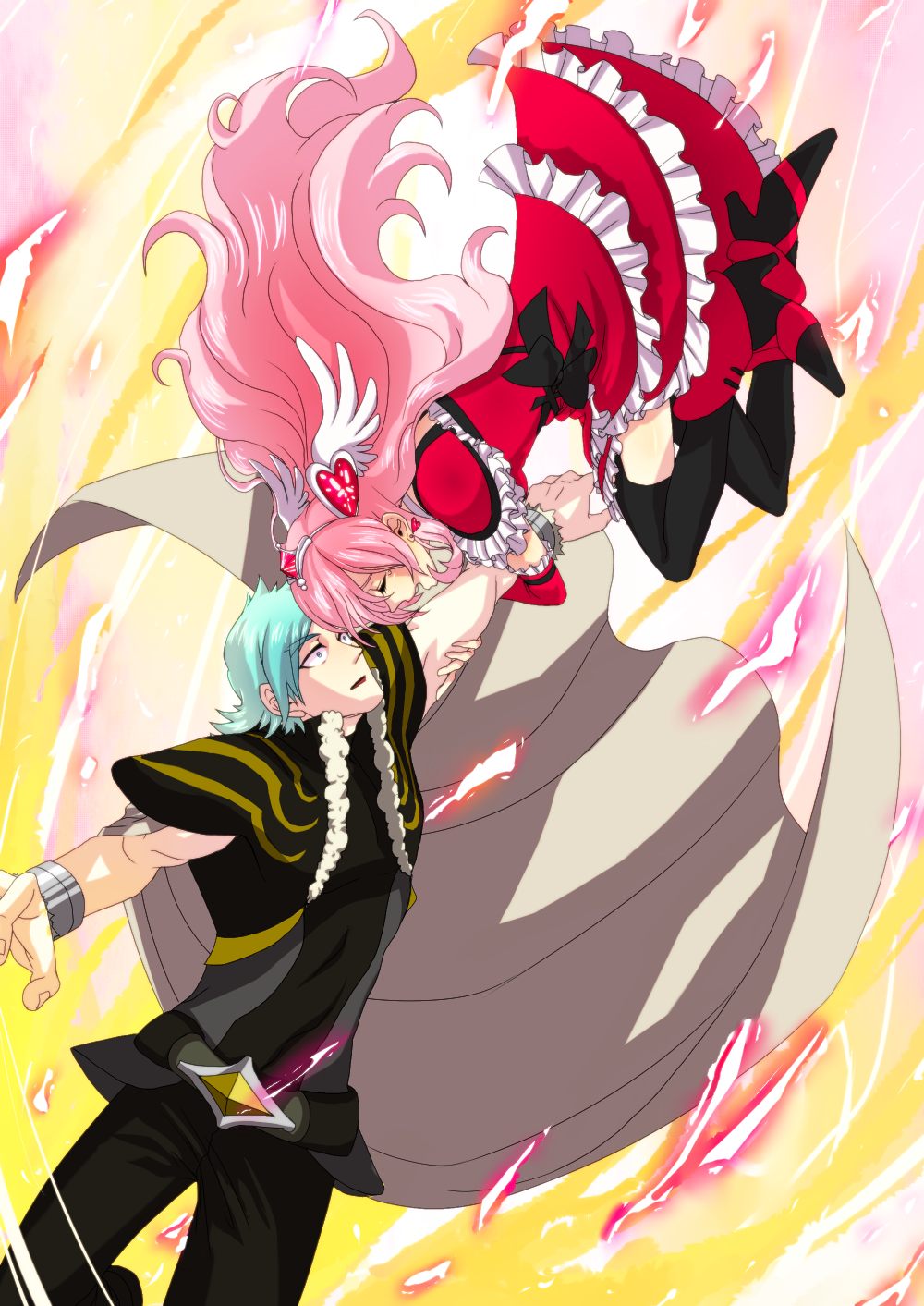 00s 1boy 1girl 3737-3737 angel_wings black_pantyhose bow cape choker closed_eyes cure_passion dress fresh_precure! green_hair hair_ornament hairpin heart heart_hair_ornament hetero higashi_setsuna high_heels highres hug long_hair magical_girl nishi_hayato pants pantyhose pink_hair precure ribbon shoes surprised thighhighs tiara waist_bow wester wester_(fresh_precure!) white_choker wings wrist_cuffs