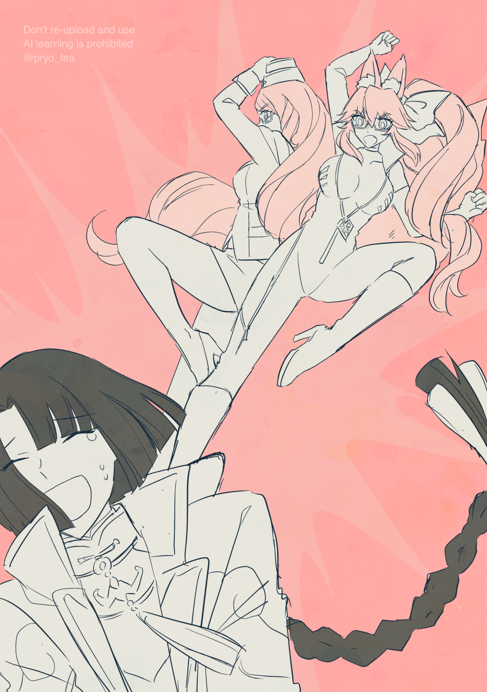 1boy 2girls animal_ear_fluff animal_ears attack black_hair bodysuit braid braided_ponytail breasts cleavage closed_eyes commentary_request dual_persona fate/grand_order fate_(series) forced_smile fox_ears fox_girl fox_tail garrison_cap glasses greyscale_with_colored_background hat high_heels highres koyanskaya_(assassin)_(first_ascension)_(fate) koyanskaya_(fate) koyanskaya_(foreigner)_(first_ascension)_(fate) large_breasts long_hair multiple_girls open_mouth pink_background pink_hair pryo_tea sidelocks spot_color taigong_wang_(fate) tail tamamo_(fate) tears