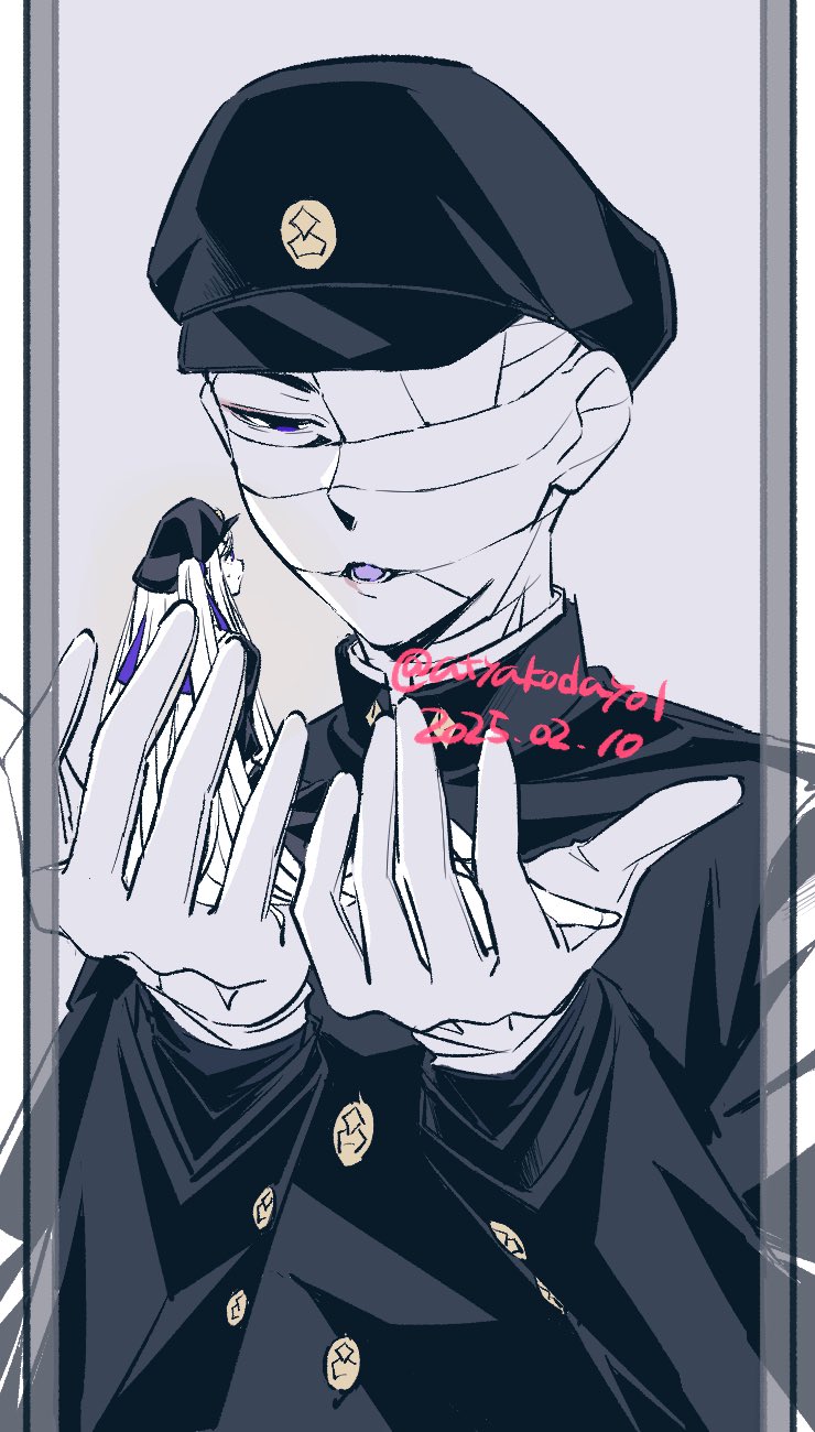 1boy 1girl atyakodayo1 bandaged_head bandages black_hat black_jacket border buttons colored_tongue covered_face cupping_hands eye_contact gakuran gakuseibou geminism gloves hair_ribbon hands_up hat highres hirosoma_kikyou in_palm jacket long_hair long_sleeves looking_at_another mini_person minigirl one_eye_covered open_mouth own_hands_together pillarboxed purple_eyes purple_ribbon purple_tongue ribbon school_uniform simple_background size_difference transparent_border twitter_username two_side_up upper_body white_background white_gloves white_hair yamaga_awasumi