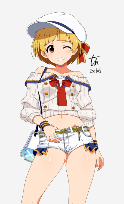 1girl bag bare_shoulders blonde_hair blush breasts brown_eyes collarbone cowboy_shot dated dot_nose fukuda_noriko grey_background grin hat idolmaster idolmaster_million_live! idolmaster_million_live!_theater_days large_breasts looking_at_viewer midriff navel neckerchief off-shoulder_shirt off_shoulder one_eye_closed red_neckerchief shirt short_hair shorts shoulder_bag signature simple_background smile solo standing striped_wristband tun two-tone_wristband white_shorts wristband
