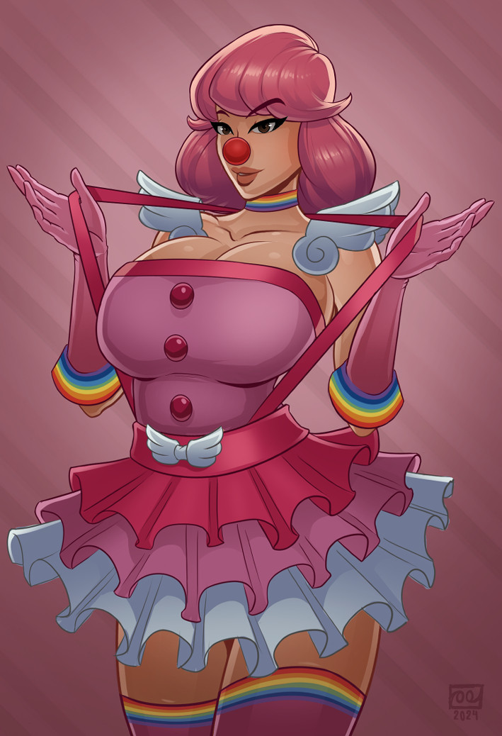 1girl ace_attorney armor breasts brown_eyes capcom choker cleavage clown_girl clown_nose female_focus frilled_skirt frills geiru_toneido gloves huge_breasts large_breasts lips medium_hair monosloth pauldrons phoenix_wright:_ace_attorney_-_spirit_of_justice pink_hair rainbow shoulder_armor skirt solo suspenders suspenders_pull thighhighs