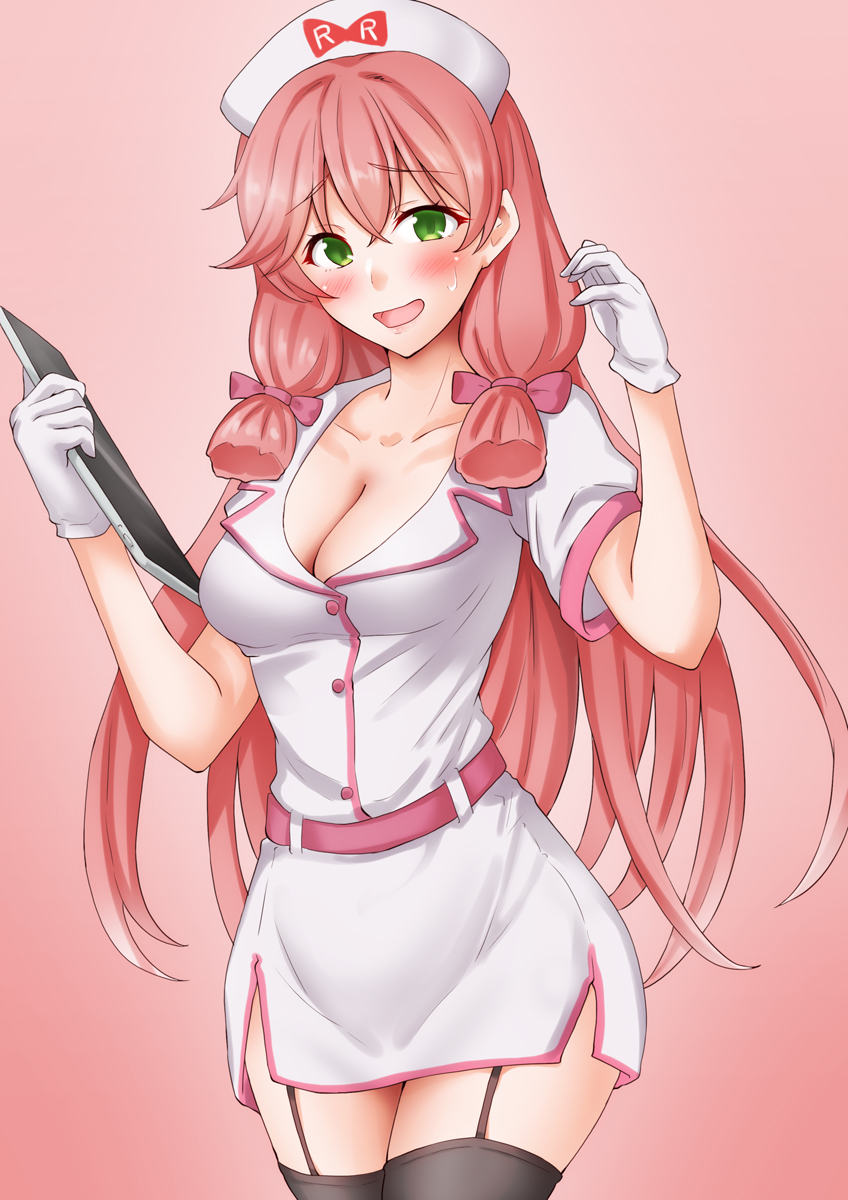 1girl akashi_(kancolle) alternate_costume anti_(untea9) black_thighhighs blunt_tresses breasts cleavage clipboard commentary_request cowboy_shot garter_straps gloves gradient_background green_eyes hair_ribbon hat highres kantai_collection large_breasts long_hair nurse nurse_cap pencil_skirt pink_background pink_hair ribbon shirt skirt solo standing thighhighs tress_ribbon white_gloves white_shirt white_skirt
