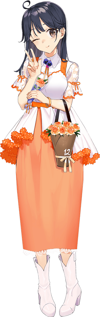 1girl ahoge alternate_costume animal black_hair boots brown_eyes bucket drew_(drew213g) elbow_carry flower full_body holding kantai_collection long_hair neck_flower official_art one_eye_closed open_mouth orange_flower orange_rose orange_skirt pansy pet pigeon-toed purple_flower purple_pansy rose short_sleeves skirt smile solo tachi-e transparent_background ushio_(12th_anniversary)_(kancolle) ushio_(kancolle) v white_boots white_flower wristband