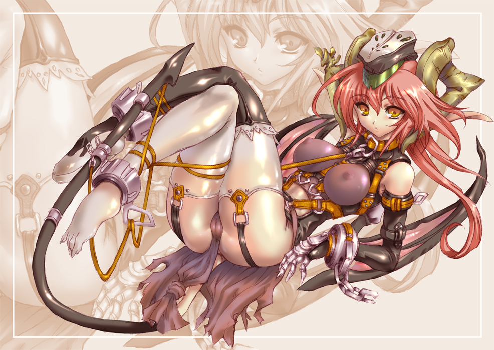1girl ass bdsm bondage boots bound breasts cameltoe choker cleft_of_venus collar covered_erect_nipples crossed_legs demon_girl demon_tail demon_wings elbow_gloves female_focus garter_belt garter_straps gloves hat horns large_breasts legs legs_up loincloth long_hair lying nipples on_back pink_hair pussy red_hair sabadri see-through_clothes shoes single_shoe solo tail thigh_boots thighhighs thighs uguisu_kagura uncensored wings yellow_eyes zoom_layer
