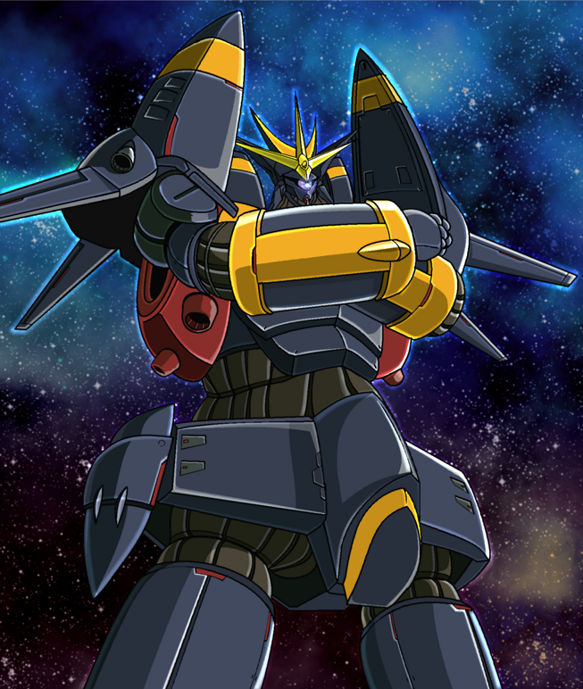 commentary_request energy gainax glowing glowing_eye gunbuster gunbuster_pose joy_(cyber_x_heaven) mecha mecha_focus nebula no_humans one-eyed robot science_fiction space star_(symbol) star_symbol_background super_robot super_robot_wars thrusters top_wo_nerae! top_wo_nerae!_(series) upper_body