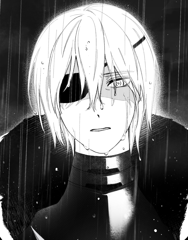 1boy armor breastplate commentary_request dimitri_alexandre_blaiddyd dimitri_alexandre_blaiddyd_(timeskip) dot_nose exhausted eyepatch fire_emblem fire_emblem:_three_houses hair_between_eyes korean_commentary male_focus medium_hair nintendo one_eye_covered parted_lips partially_shaded_face portrait rain sad solo storm supi_002 teeth upper_body wet wet_hair