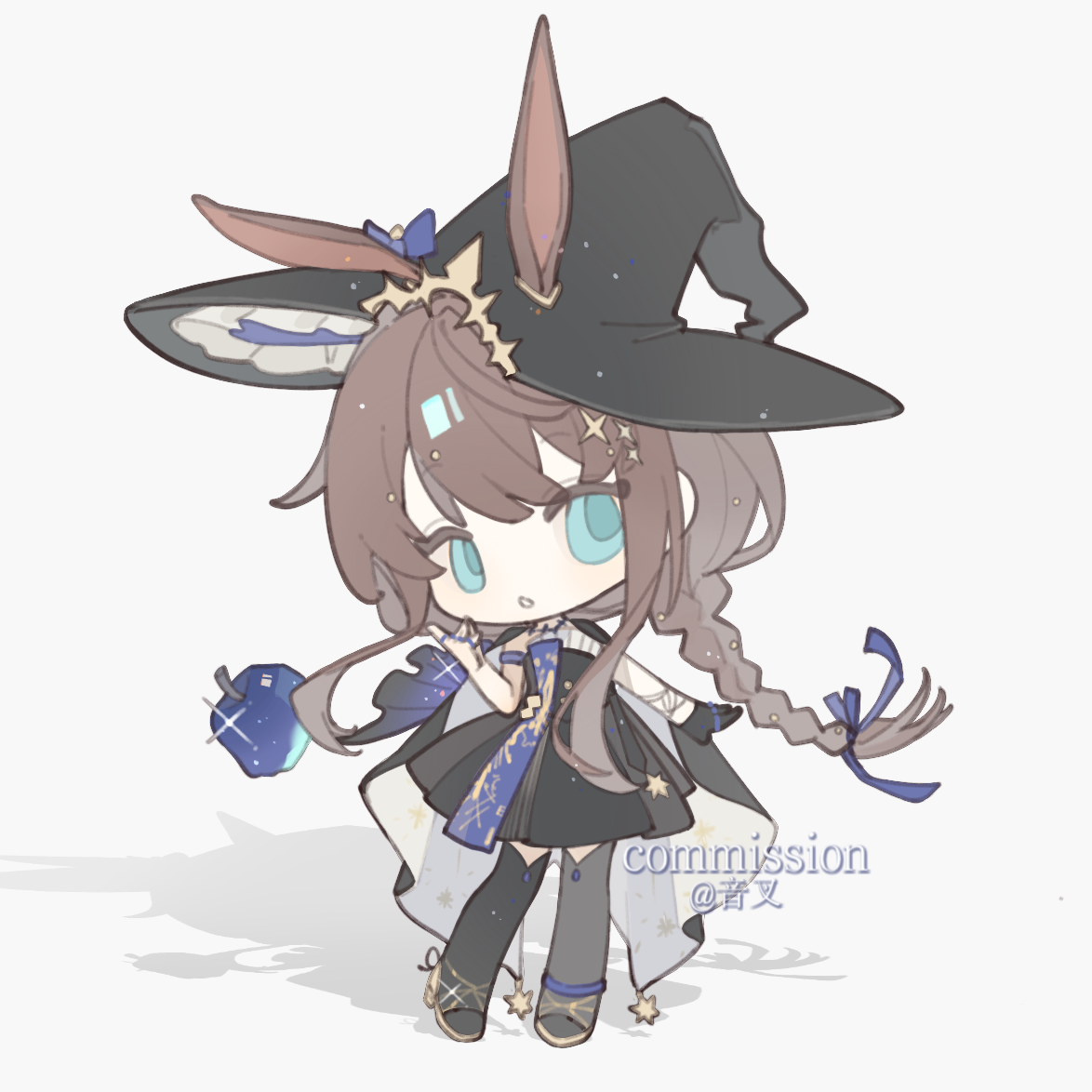 1girl :o ambience_synesthesia amiya_(medic)_(solo_around_the_world)_(arknights) amiya_(arknights) animal_ears arknights artist_name black_cape black_dress black_footwear black_gloves black_hat black_thighhighs blue_apple blue_eyes brown_hair cape chibi commission crystal_apple dress ears_through_headwear full_body gloves hand_up hat long_hair looking_at_viewer low-braided_long_hair low-tied_long_hair official_alternate_costume rabbit_ears rabbit_girl shadow short_dress single_glove sleeveless sleeveless_dress solo standing tansuangai_fenmo thighhighs watermark white_background witch_hat